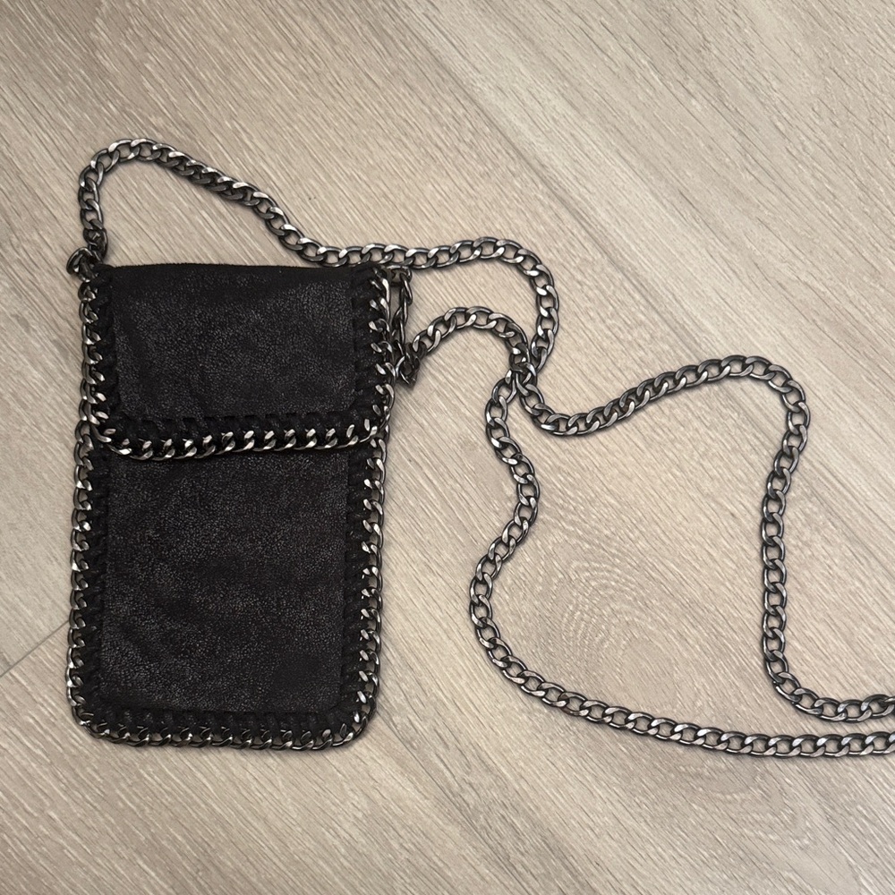 Black Chain-Trim Crossbody Phone Pouch